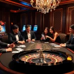 RR88 casino table scene with poker chips and excited players in a luxurious setting.