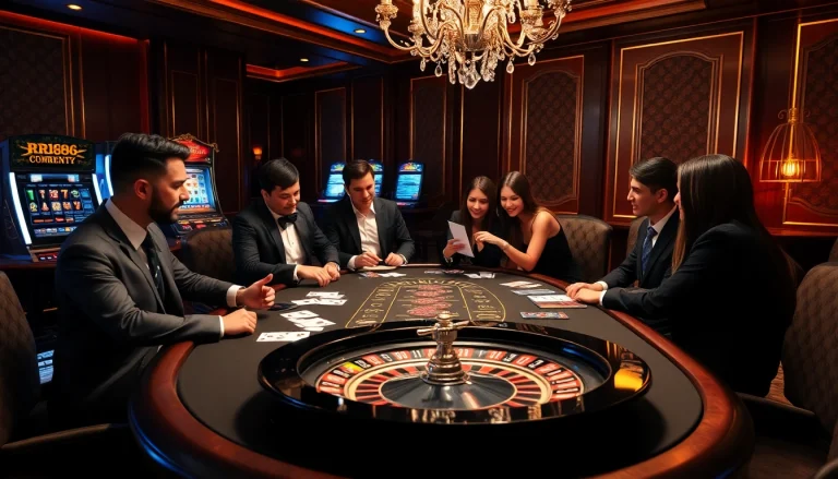 RR88 casino table scene with poker chips and excited players in a luxurious setting.