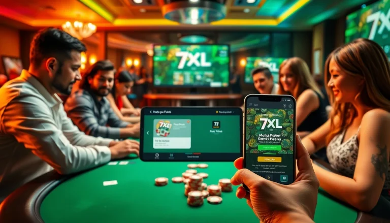 סצנת פוקר אונליין מרתקת עם שחקנים ואפליקציית הורדת 7XL מוצגת.
