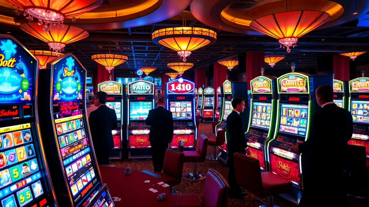 Excited players spinning slot machines in a vibrant casino atmosphere.