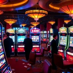 Excited players spinning slot machines in a vibrant casino atmosphere.
