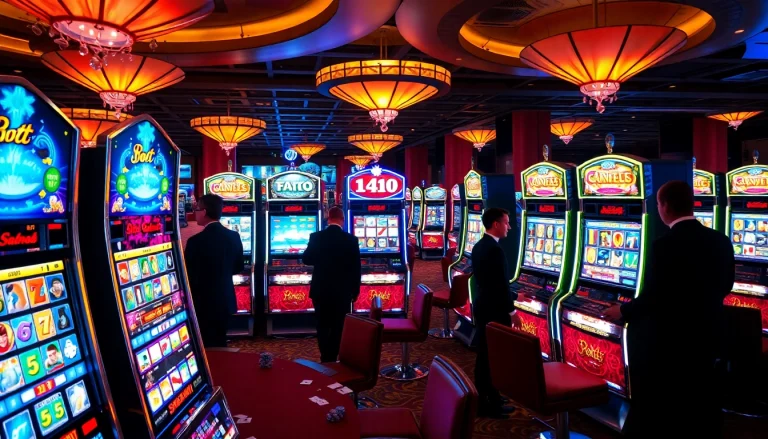 Excited players spinning slot machines in a vibrant casino atmosphere.
