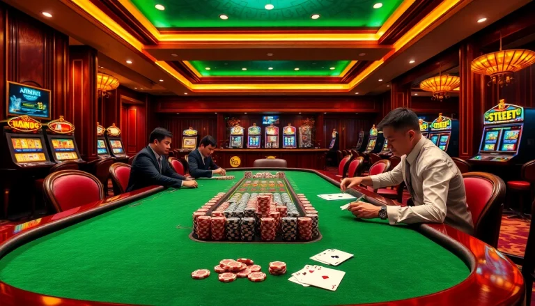 Players enjoy gamebaidoithuong at a luxury casino table surrounded by rich decor and gaming chips.