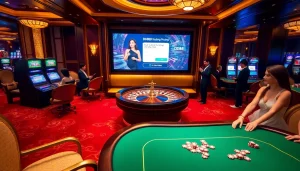 Experience thrilling gameplay with DH88 Đăng nhập amidst luxurious casino settings featuring poker and roulette.