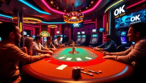 OK FUN logo shines over an exciting casino poker table filled with vibrant chips and players.