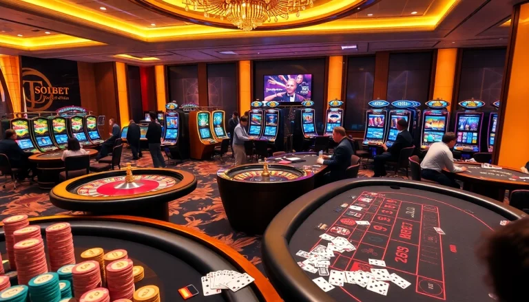 Experience the vibrant ambiance of SOIBET's casino with poker tables and roulette wheels brimming with excitement.