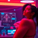 AI NSFW character in a vibrant digital setting with modern tech elements.