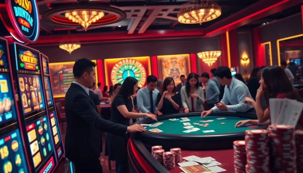 SX88 Đăng nhập showcases players engaged in thrilling casino action surrounded by vibrant slot machines and poker tables.