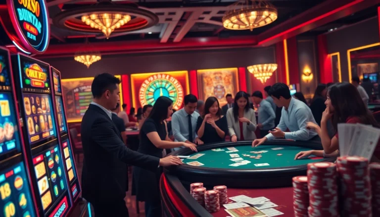 SX88 Đăng nhập showcases players engaged in thrilling casino action surrounded by vibrant slot machines and poker tables.