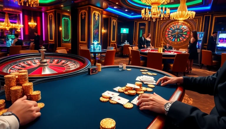 Experience the excitement of gambling at https://kk55.blue/ with players at a luxurious poker table under dynamic lighting.