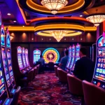 Experience the thrill of nổ hũ with vibrant slot machines and eager players in a luxury casino setting.