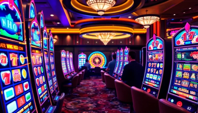 Experience the thrill of nổ hũ with vibrant slot machines and eager players in a luxury casino setting.