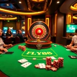 Experience the thrill of gambling at the exciting FLY88 poker table in a luxurious casino setting.