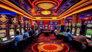 Players enjoying exciting slot machines at a luxurious casino, highlighting slot gacor terpercaya experiences.