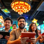 UU88 online gaming interface showcasing casino games and enthusiastic players in a vibrant setting.