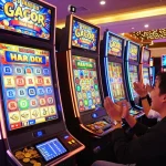 Engaging casino scene with player winning on slot gacor hari ini machine amidst vibrant lights and festive atmosphere.
