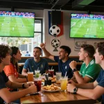 Suasana bar olahraga yang ramai menampilkan teman-teman merayakan pertandingan sbobet piala dunia dengan minuman dan dekorasi sepak bola.