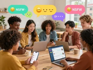 Interactive NSFW chat environment featuring animated characters and diverse users enjoying fun conversations.