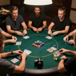 F8BET players engaging in a friendly poker game at home with chips and cards visible.