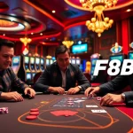 Join the thrilling action at F8BET, where players strategize at a vibrant poker table with colorful chips and glowing screens.