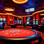 Experience the excitement of NEW88 with vibrant casino elements like poker chips and roulette wheels.
