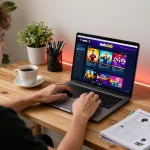 Engaged player exploring Iwinclub casino games on a stylish laptop at home, showcasing a relaxed gaming atmosphere