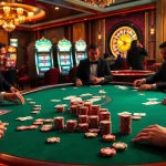 Raja luck players enjoying intense poker action at a luxurious casino table with vibrant atmosphere.