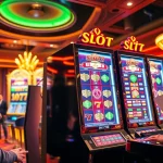 Excited gamblers playing at the slot777 casino with vibrant slot machines and colorful chips.