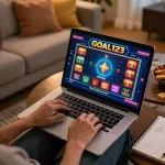 Enjoying immersive gameplay at goal123 casino on a laptop in a cozy home setting with snacks and strategy notes.