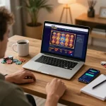 Engage in online casino action with VAOBET, featuring vibrant slot games and a cozy home gaming setup.