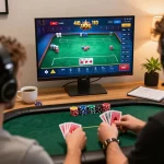 Play poker online with sunwin, showcasing intense gameplay on a high-definition monitor and strategy notes nearby