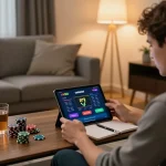 Engage with nk88 bet from home, showcasing online casino excitement with tablet and strategy notes.