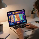 Xổ Số MM99 online lottery game in action, featuring a player engaged with colorful graphics on their laptop.