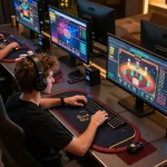 GO88 player engaging in an exciting online poker game on a multi-screen setup showcasing advanced gaming technology
