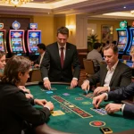 kkwin players strategizing at blackjack tables in a vibrant casino environment.