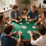 Friends playing poker at home during a fun night, showcasing engaging moments and lively conversation in a social setting around rik vip.