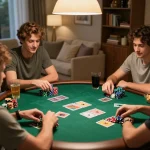 Friends enjoying an engaging poker game night at home with snacks, showcasing uu88's social gambling experience.
