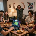 SBOBET88 online gambling excitement with friends celebrating a win in a stylish living room atmosphere.
