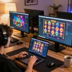 Engaging gameplay on a situs slot online interface at home, vibrant visuals from the screen