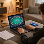 Engaging online gambling moment with tg88 poker game displayed on laptop in cozy home setup.