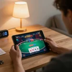 Engaged gamer strategizing on cm88 com poker gameplay in a cozy home setting.