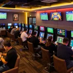 Patrons placing bets on 8xbet at a vibrant sports betting lounge with screens showing live events