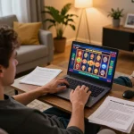 Player enjoying a 56win online casino game on a laptop at home, surrounded by betting notes.