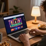 Player engaging in online gaming at BK8 on a laptop, showcasing immersive gambling experience with vibrant visuals.