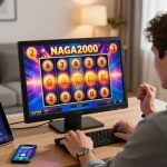 NAGA2000 SLOT gameplay showcasing player celebrating a big win in a vibrant online casino environment