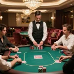 High-stakes poker action at VIPWIN with players engaged in gameplay and luxurious decor.