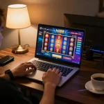 Engaging in an online Hi88 casino game with a vibrant slot interface on a cozy desk setup