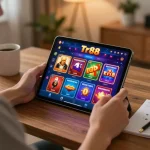 Engaged player enjoying tr88 game on tablet in cozy home gaming setup with warm lighting.