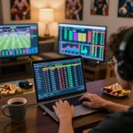 Tỷ Lệ Bóng Đá displayed on laptop during a focused sports betting session, illustrating strategic analysis.