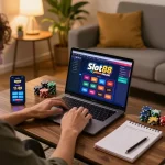 Engaging with Slot88 online casino on a laptop in a cozy home environment, highlighting strategic gaming.
